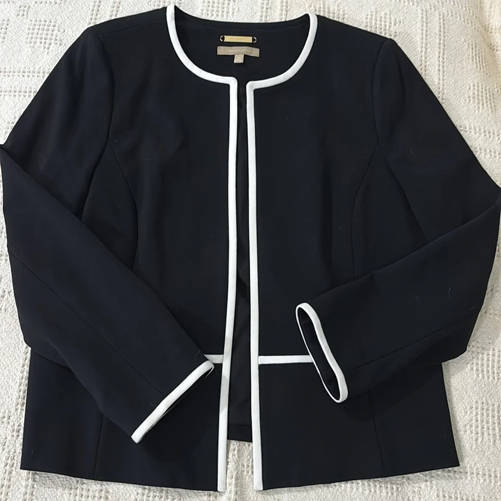 Talbots Black White Trim Open‎ Front Fabric Knit In Italy Blazer Size 14p